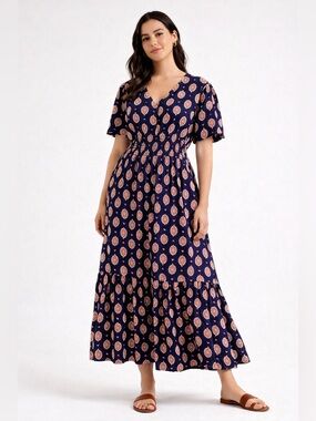 Maeve Anthropologie Somerset Maxi Dress Small Smocked Waist Short Sleeve